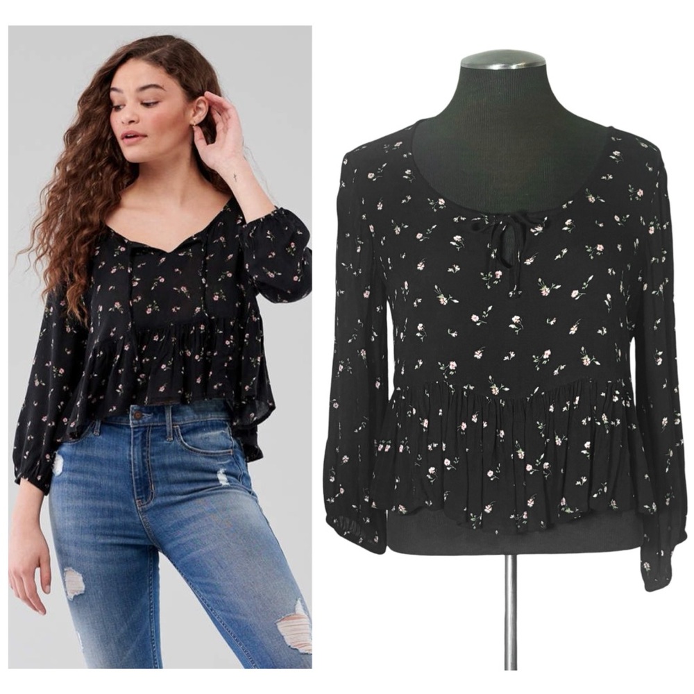 Hollister – Black Floral Long Sleeve Ruffle Babydoll Crop Top – Small